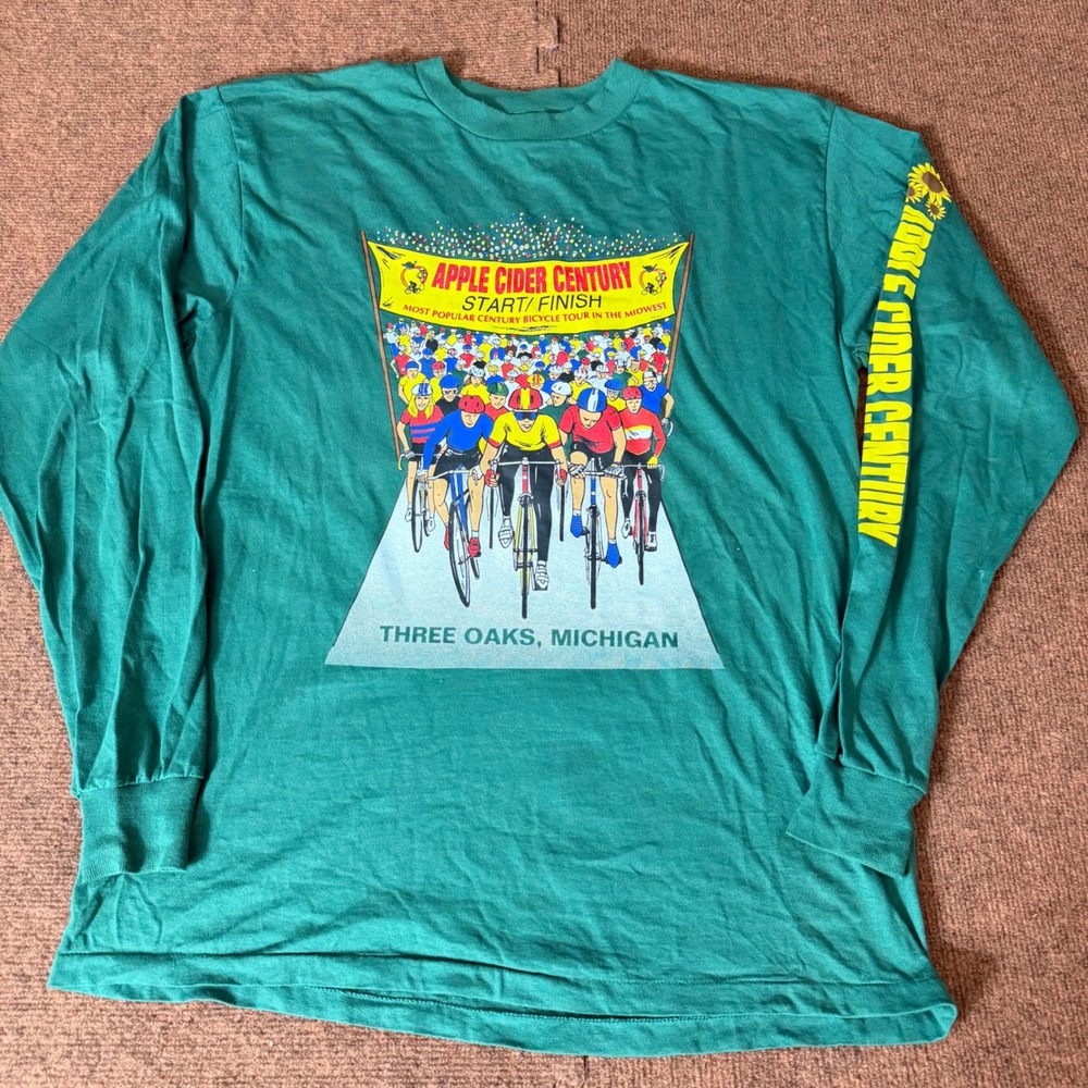 Vintage 1995 Apple Cider Century Cycling T-Shirt Mens‎ XL Green Long Sleeve 90s